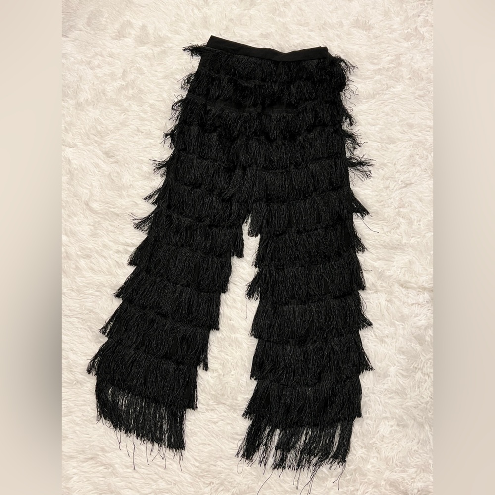 SHEIN Black Layered High Waist Flapper Fringe pants